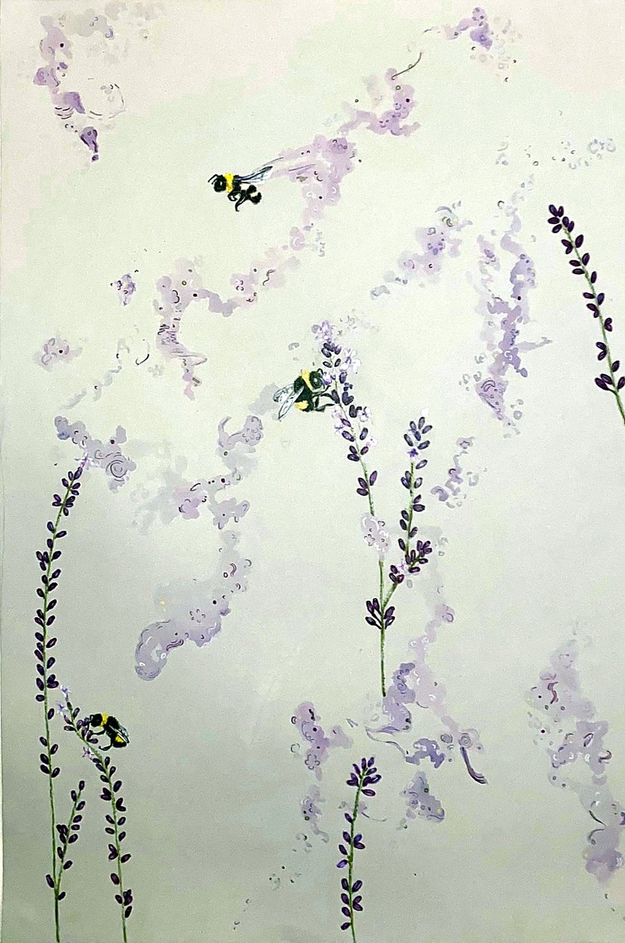 Bees and lavender on grey paper