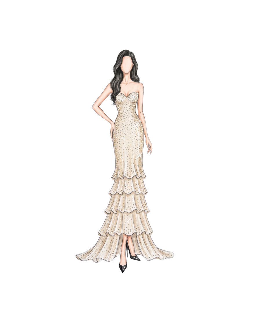Fashion illustration of a beaded gown