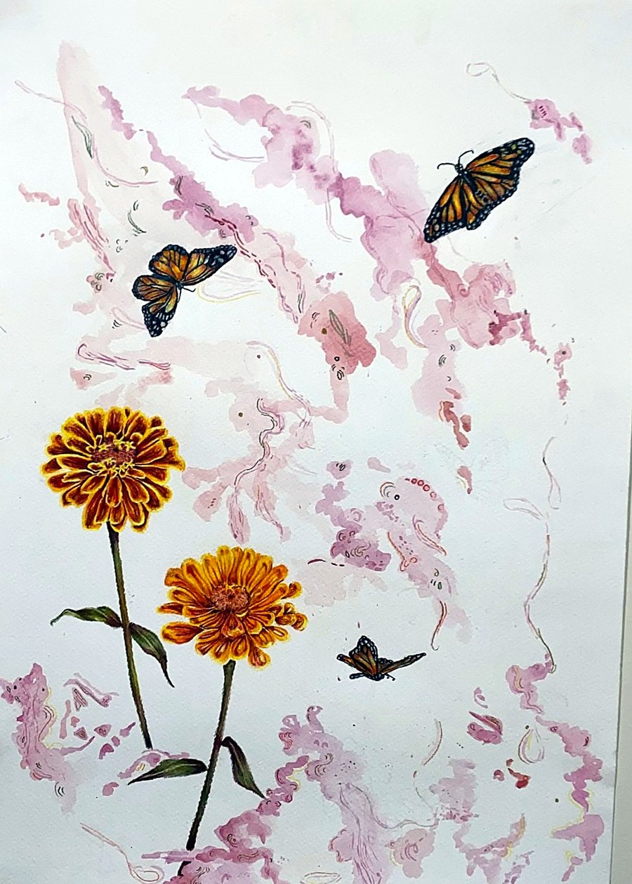 Monarch butterflies and zinnias with pink washes