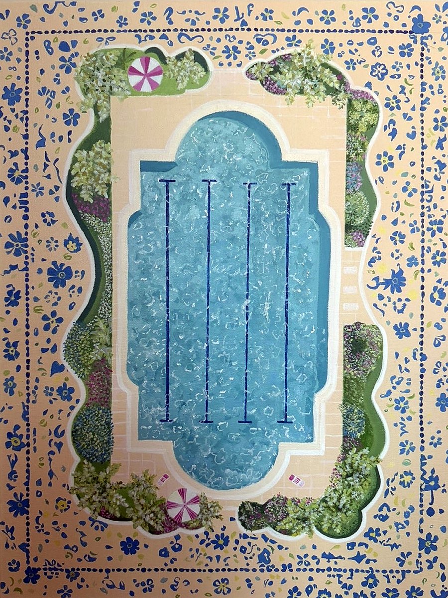 Pool, an aerial painting of a pool with cream tiles and a blue floral border