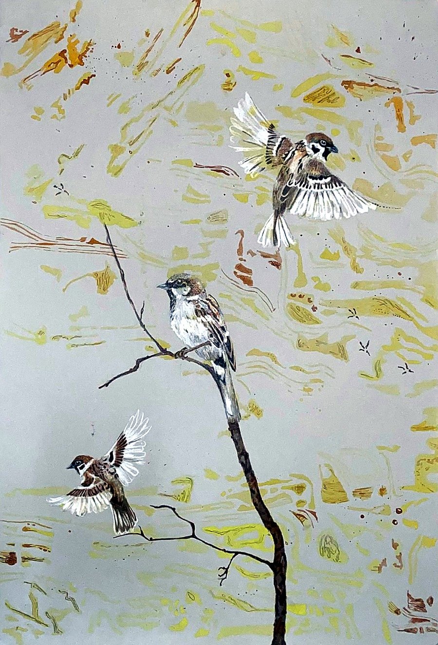 Sparrows on a branch against gold marks, on grey paper