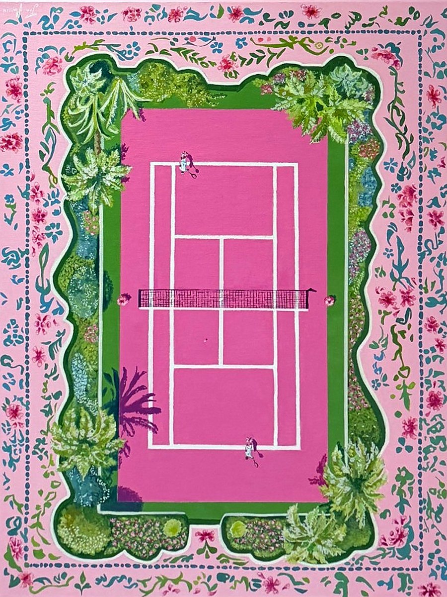 Tennis Court, an aerial painting with a floral tile border